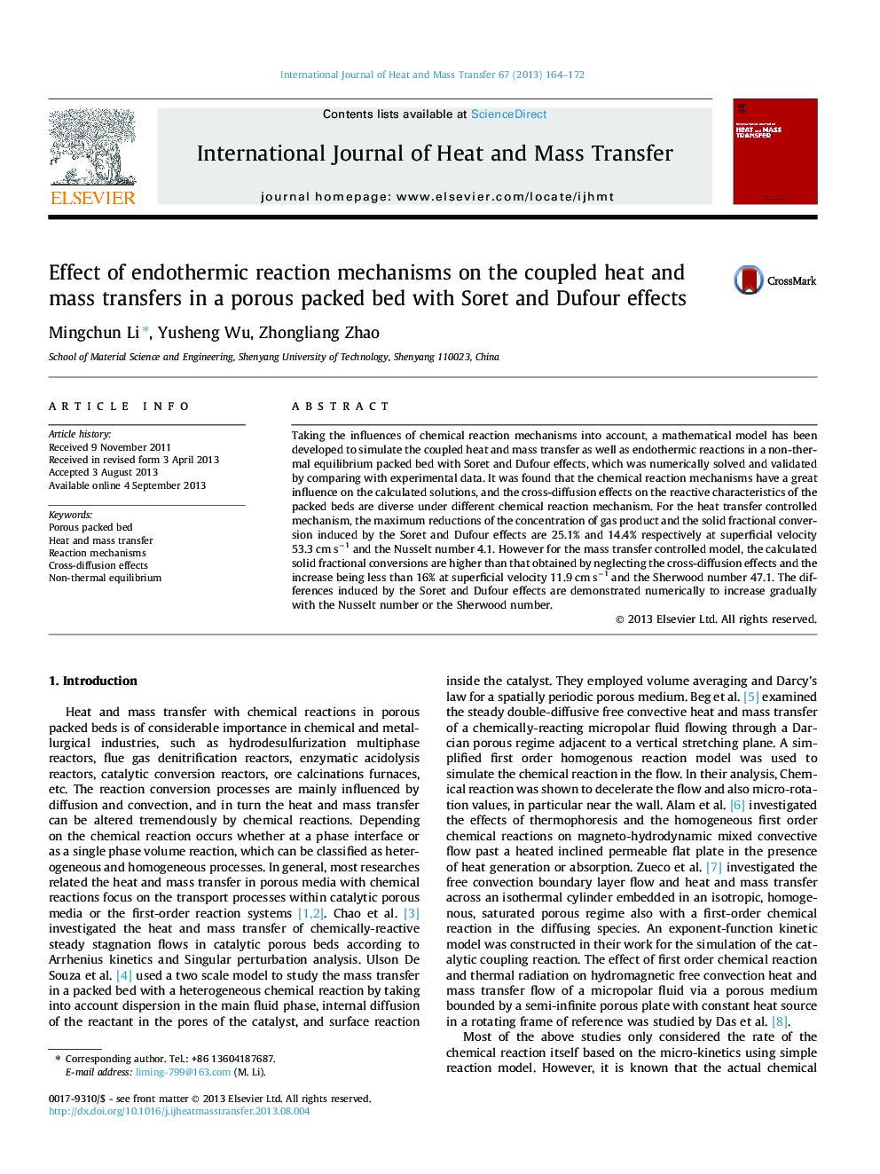 Effect of endothermic reaction mechanisms on the coupled heat and mass transfers in a porous packed bed with Soret and Dufour effects