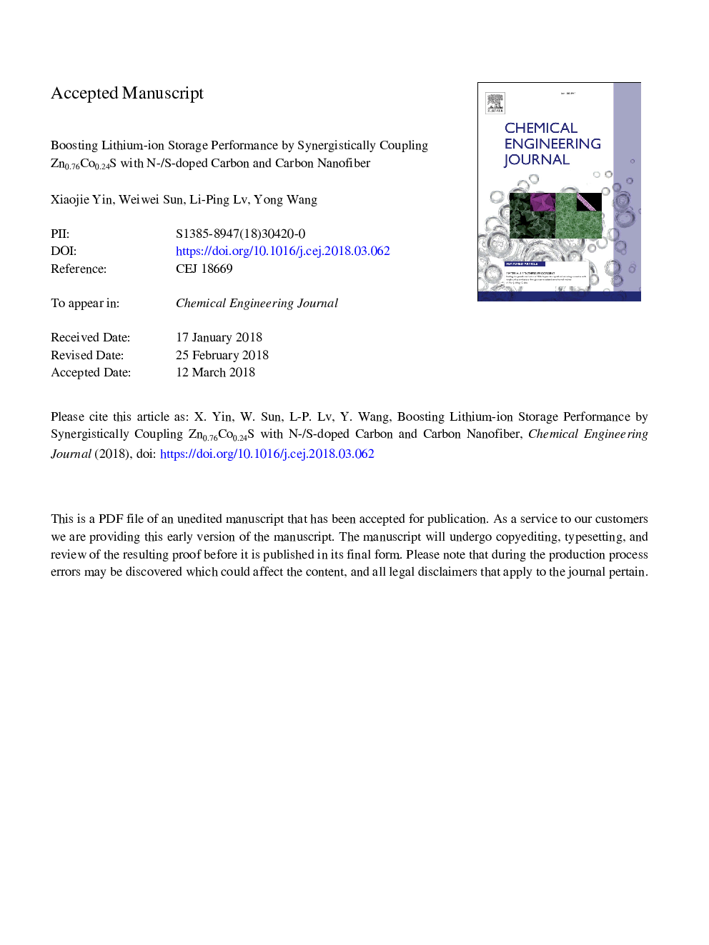 Boosting lithium-ion storage performance by synergistically coupling Zn0.76Co0.24S with N-/S-doped carbon and carbon nanofiber