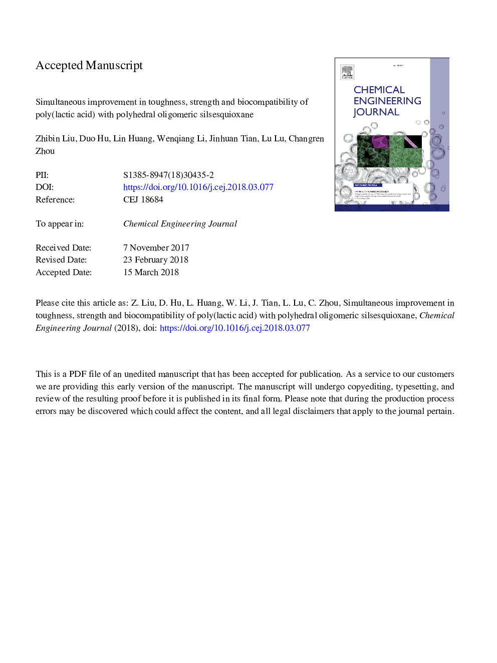 Simultaneous improvement in toughness, strength and biocompatibility of poly(lactic acid) with polyhedral oligomeric silsesquioxane