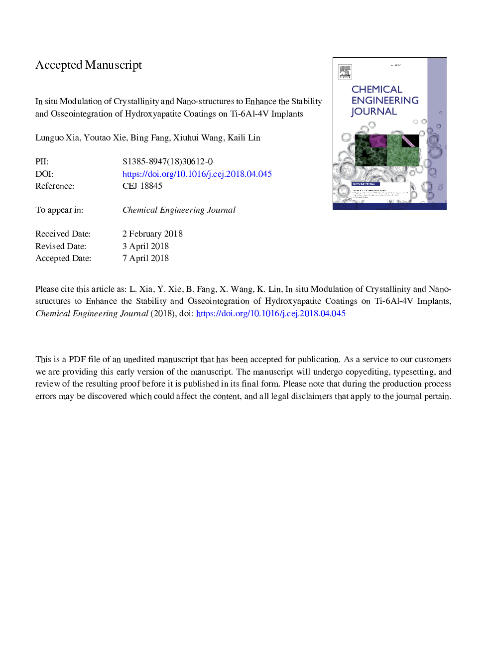 In situ modulation of crystallinity and nano-structures to enhance the stability and osseointegration of hydroxyapatite coatings on Ti-6Al-4V implants