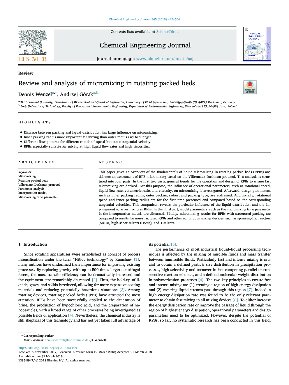 Review and analysis of micromixing in rotating packed beds