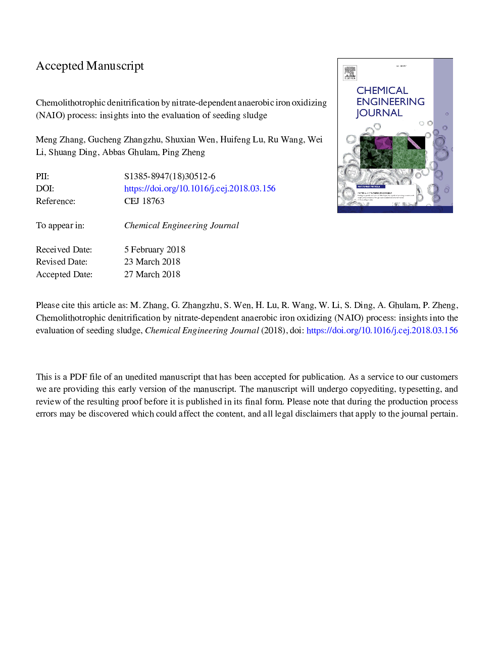 Chemolithotrophic denitrification by nitrate-dependent anaerobic iron oxidizing (NAIO) process: Insights into the evaluation of seeding sludge