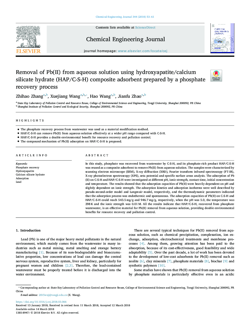 Removal of Pb(II) from aqueous solution using hydroxyapatite/calcium silicate hydrate (HAP/C-S-H) composite adsorbent prepared by a phosphate recovery process