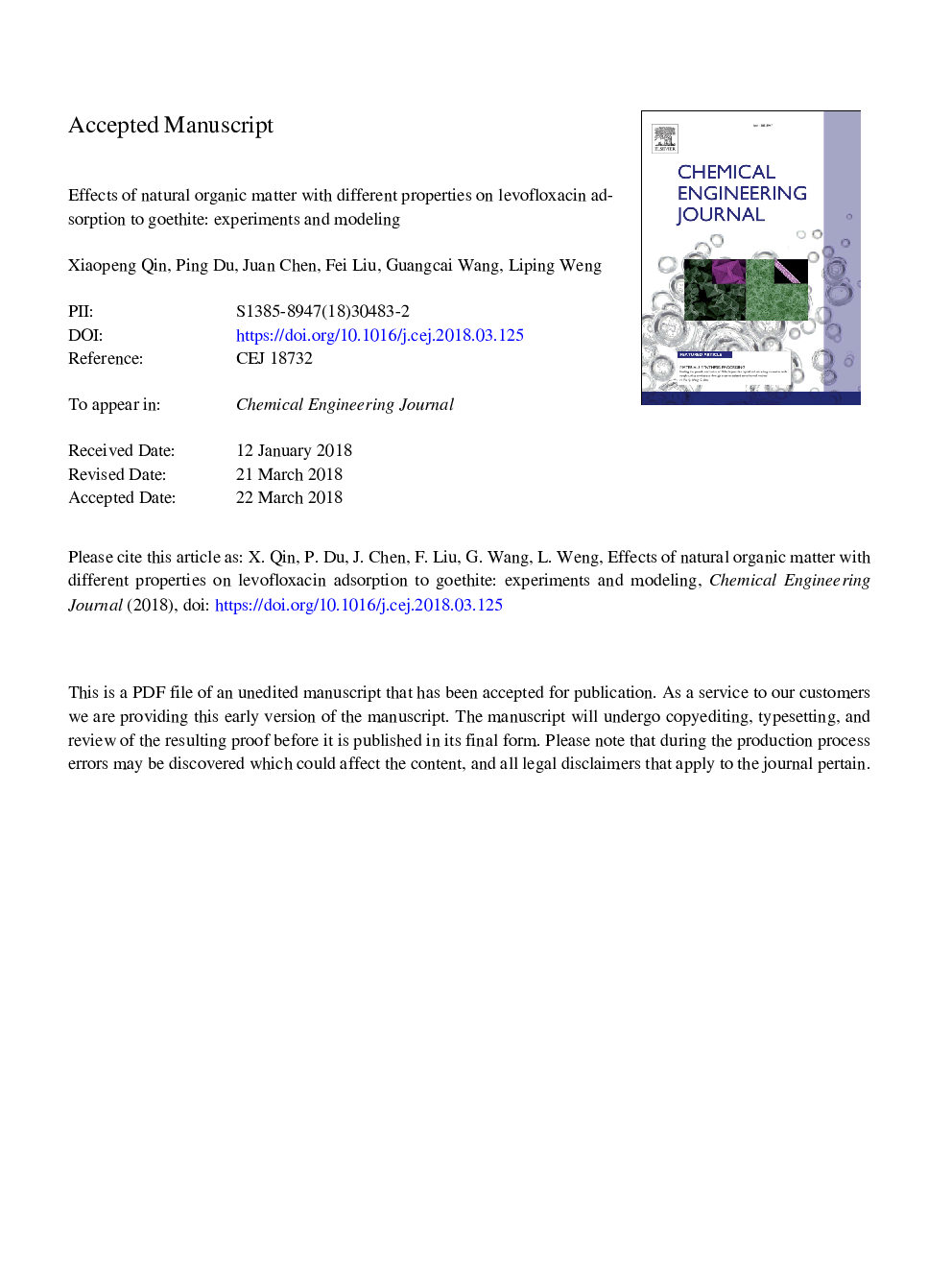 Effects of natural organic matter with different properties on levofloxacin adsorption to goethite: Experiments and modeling