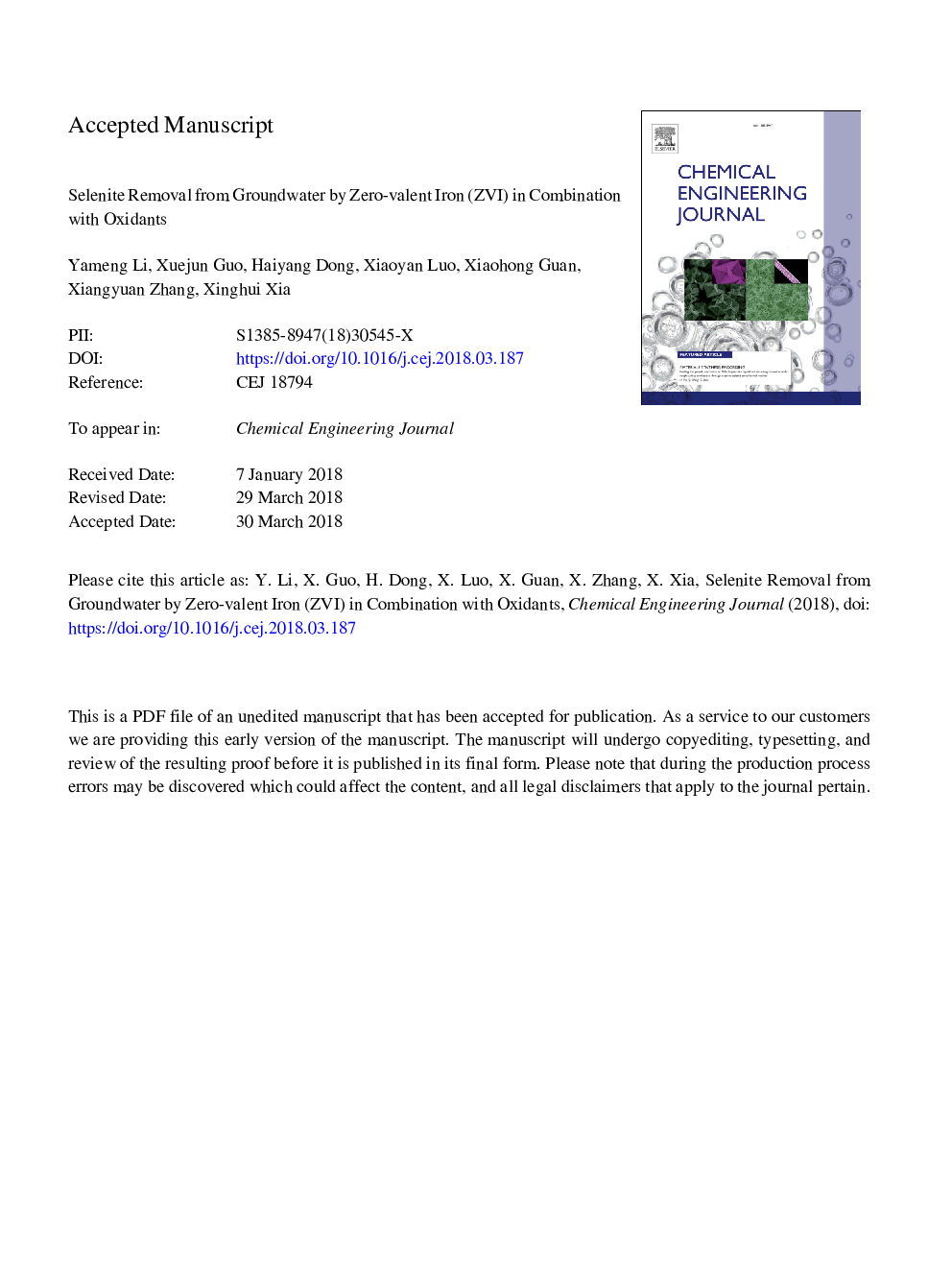 Selenite removal from groundwater by zero-valent iron (ZVI) in combination with oxidants