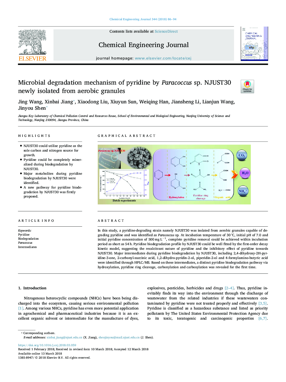 Microbial degradation mechanism of pyridine by Paracoccus sp. NJUST30 newly isolated from aerobic granules