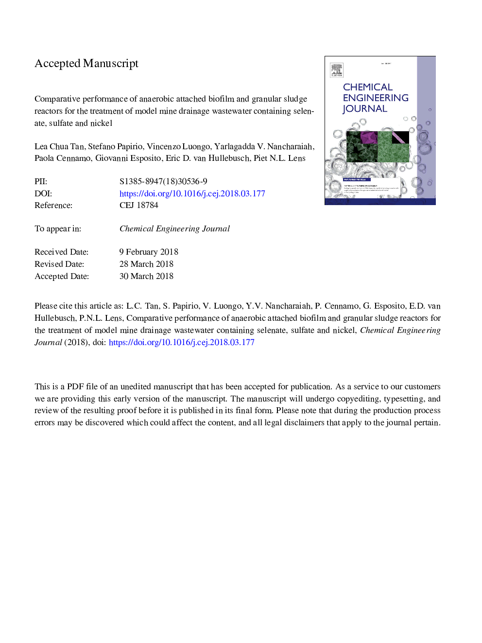 Comparative performance of anaerobic attached biofilm and granular sludge reactors for the treatment of model mine drainage wastewater containing selenate, sulfate and nickel