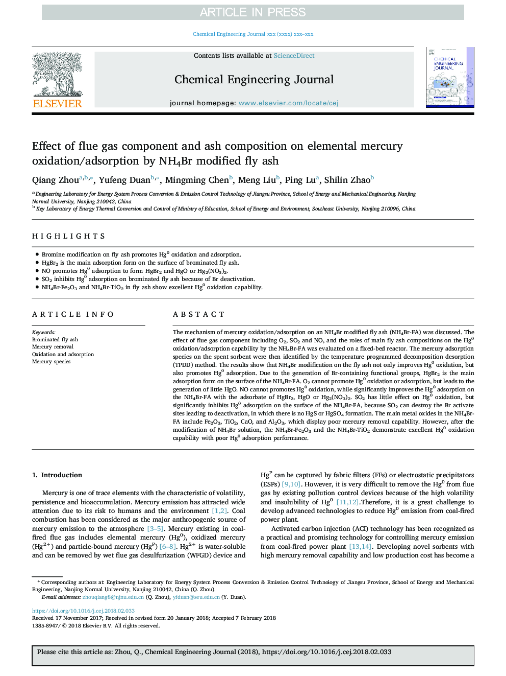 Effect of flue gas component and ash composition on elemental mercury oxidation/adsorption by NH4Br modified fly ash