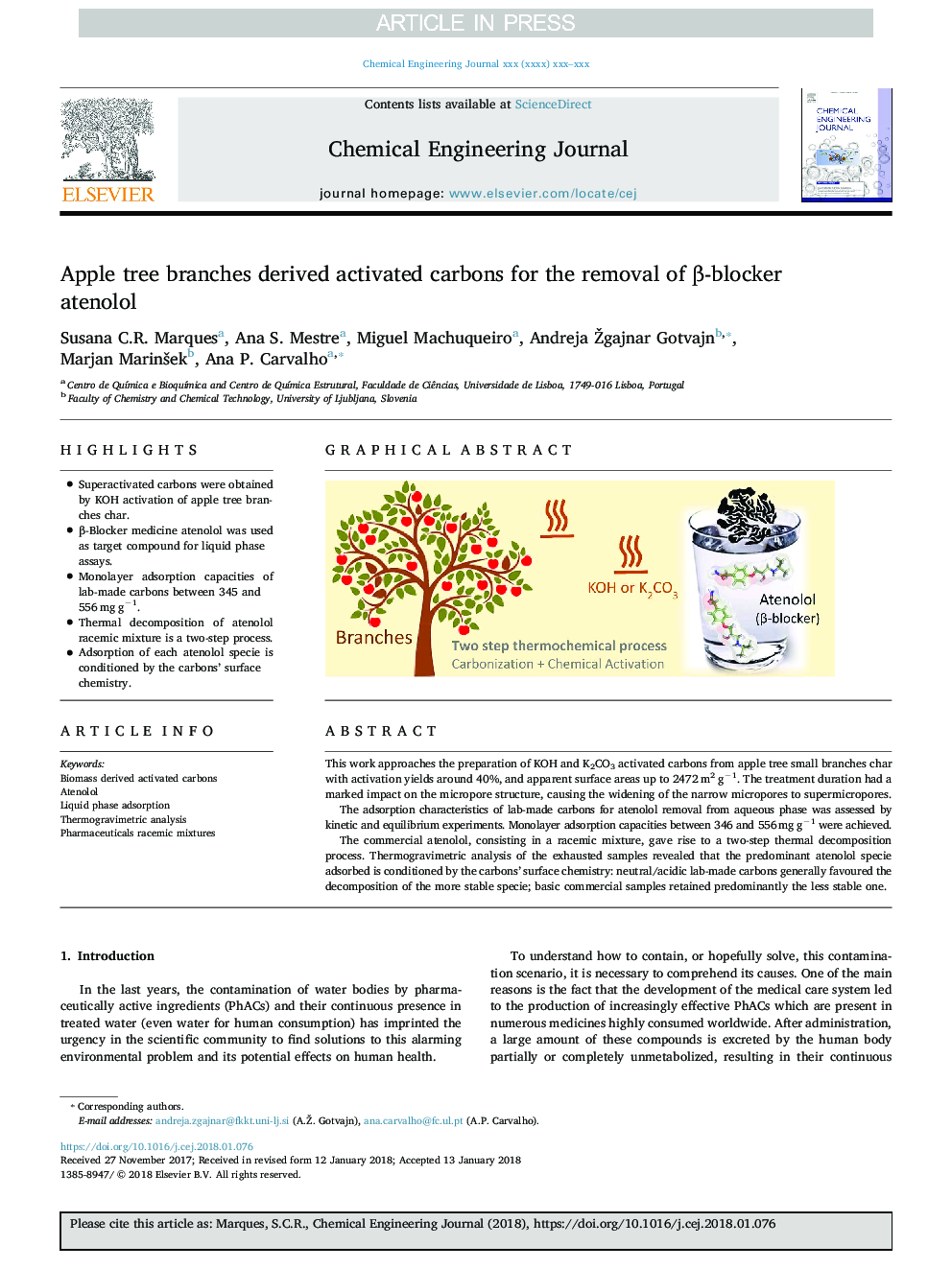 Apple tree branches derived activated carbons for the removal of Î²-blocker atenolol