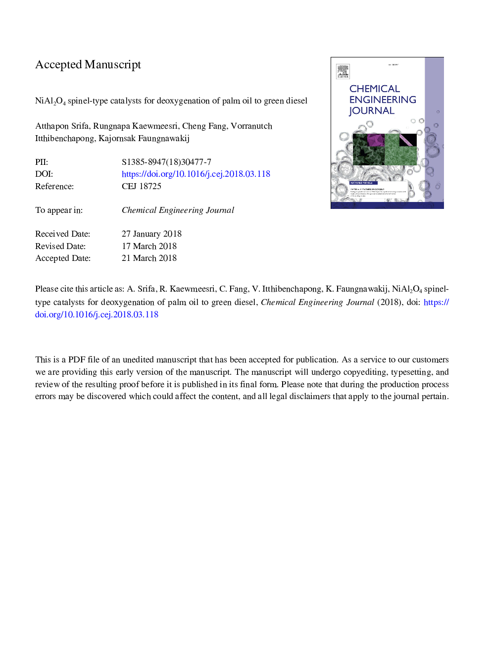 NiAl2O4 spinel-type catalysts for deoxygenation of palm oil to green diesel