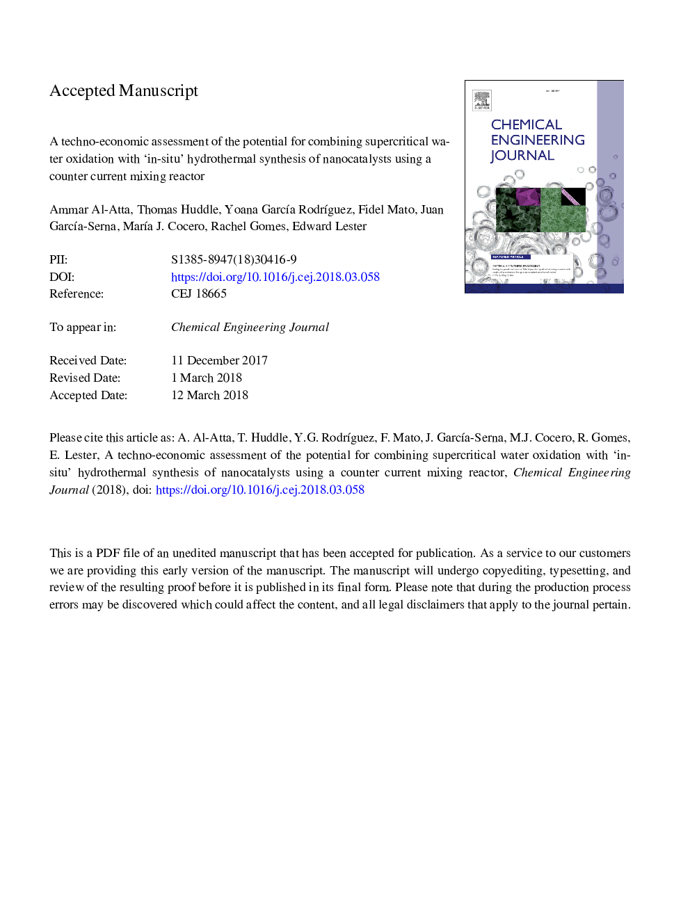 A techno-economic assessment of the potential for combining supercritical water oxidation with 'in-situ' hydrothermal synthesis of nanocatalysts using a counter current mixing reactor