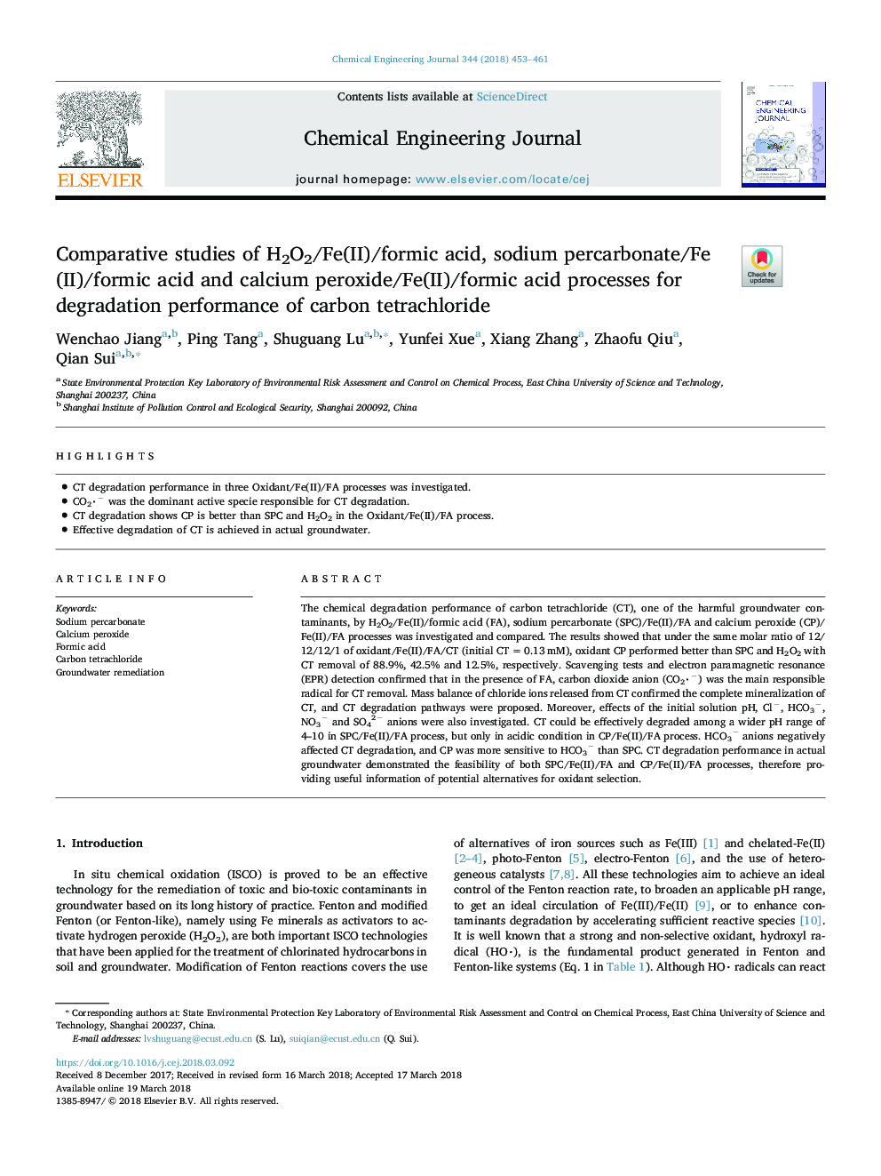 Comparative studies of H2O2/Fe(II)/formic acid, sodium percarbonate/Fe(II)/formic acid and calcium peroxide/Fe(II)/formic acid processes for degradation performance of carbon tetrachloride