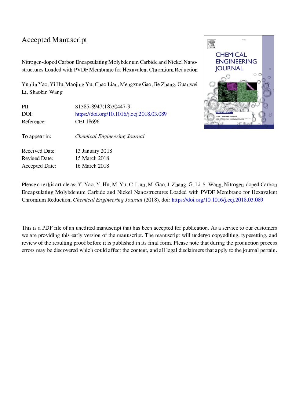 Nitrogen-doped carbon encapsulating molybdenum carbide and nickel nanostructures loaded with PVDF membrane for hexavalent chromium reduction