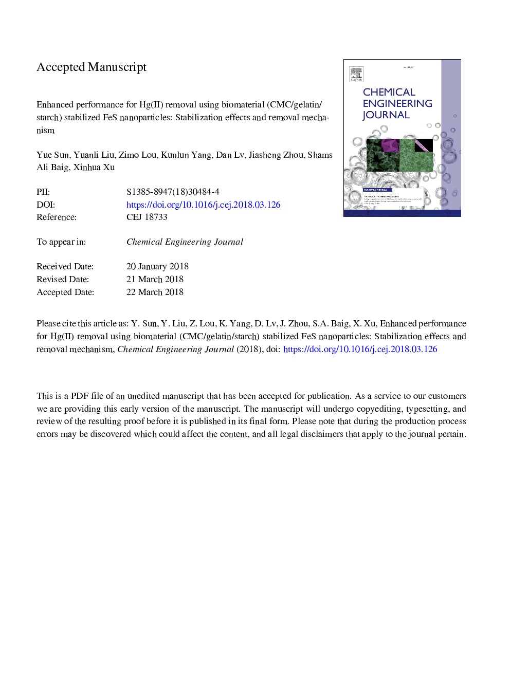 Enhanced performance for Hg(II) removal using biomaterial (CMC/gelatin/starch) stabilized FeS nanoparticles: Stabilization effects and removal mechanism