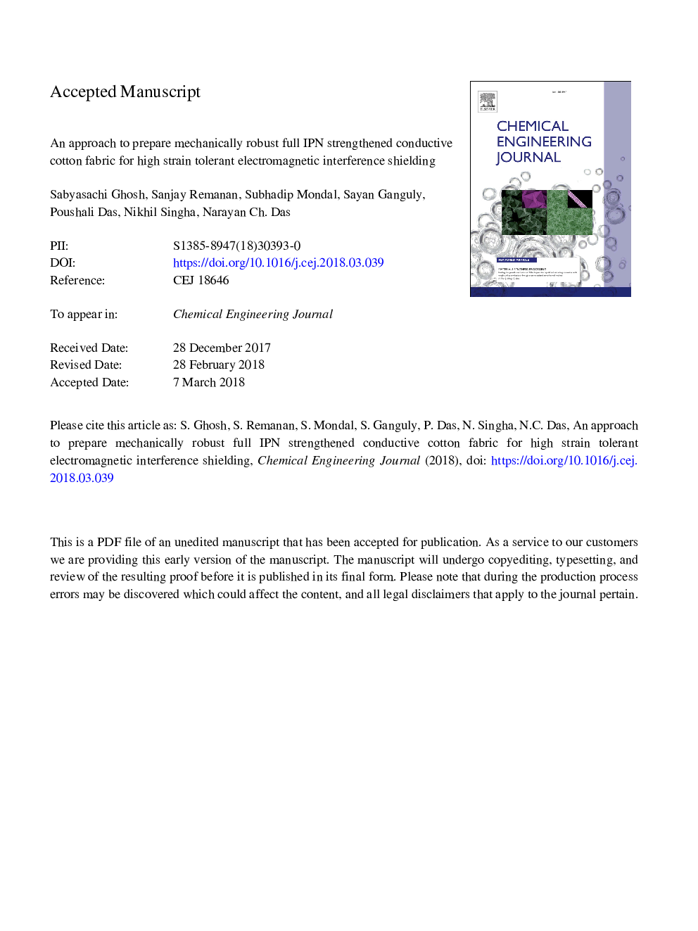 عکس صفحه اول مقاله: An approach to prepare mechanically robust full IPN strengthened conductive cotton fabric for high strain tolerant electromagnetic interference shielding An approach to prepare mechanically robust full IPN strengthened conductive cotton fabric for high strain tolerant electromagnetic interference shielding