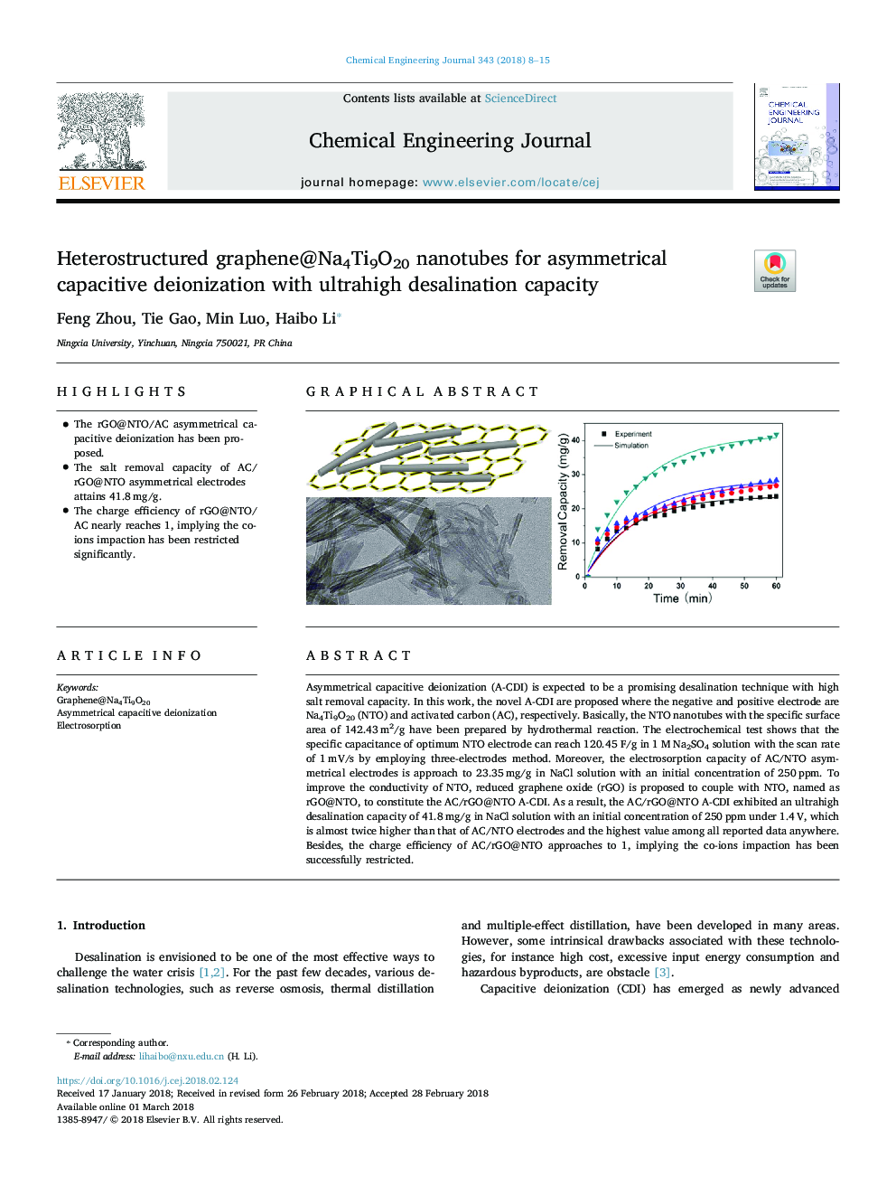 Heterostructured graphene@Na4Ti9O20 nanotubes for asymmetrical capacitive deionization with ultrahigh desalination capacity