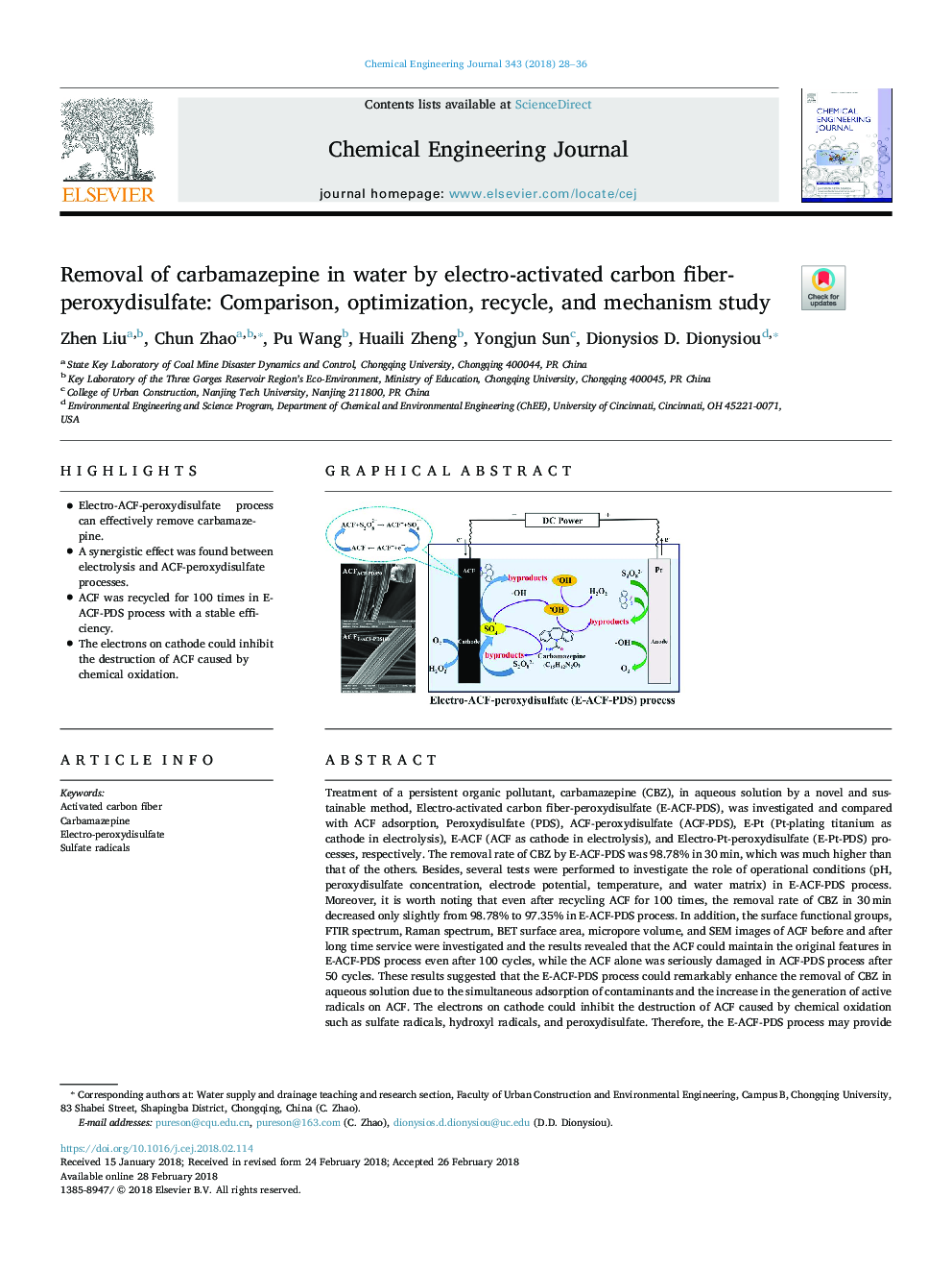 حذف کاربامازپین در آب توسط الیاف پراکسید سولفات کربن الکترونی: مطالعه مقایسه، بهینه سازی، بازیافت و مکانیزم 