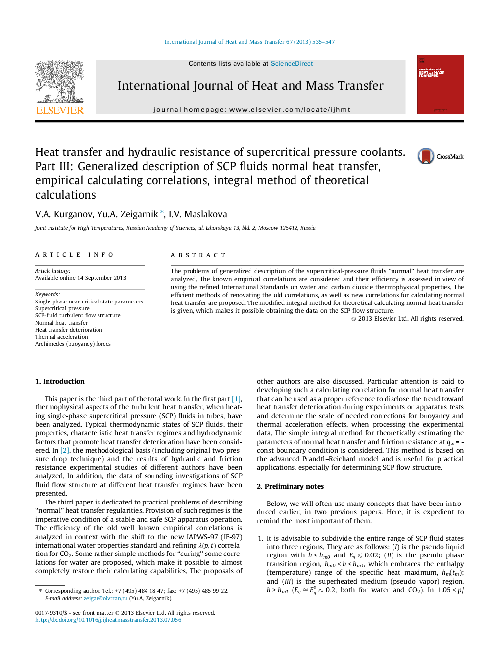 Heat transfer and hydraulic resistance of supercritical pressure coolants. Part III: Generalized description of SCP fluids normal heat transfer, empirical calculating correlations, integral method of theoretical calculations