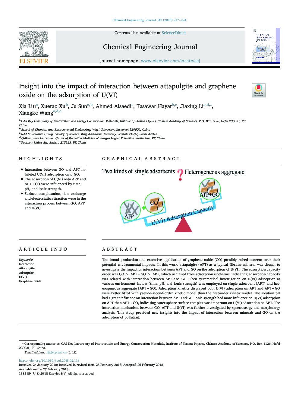 Insight into the impact of interaction between attapulgite and graphene oxide on the adsorption of U(VI)