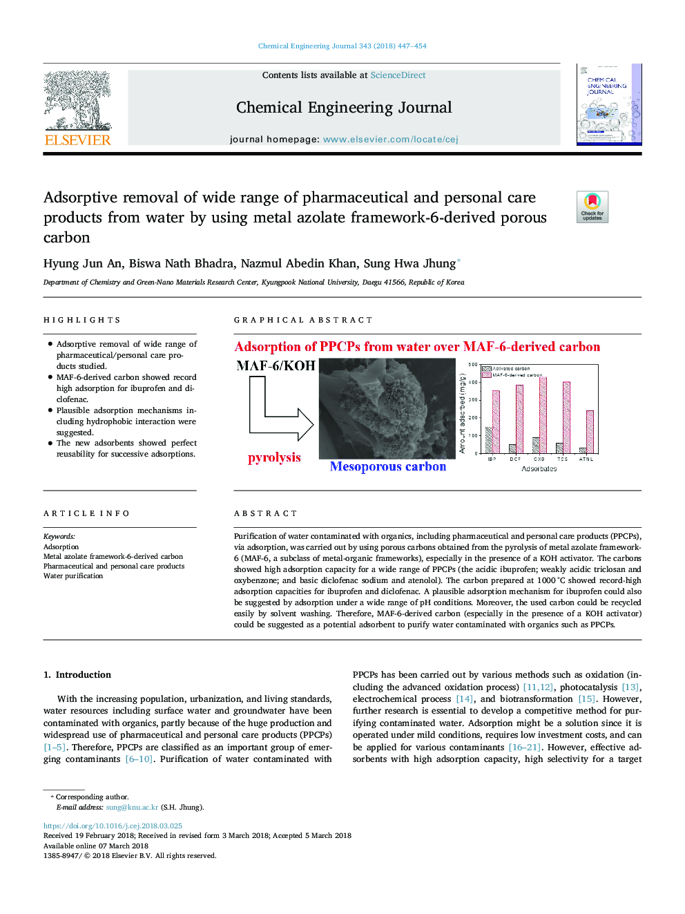 Adsorptive removal of wide range of pharmaceutical and personal care products from water by using metal azolate framework-6-derived porous carbon