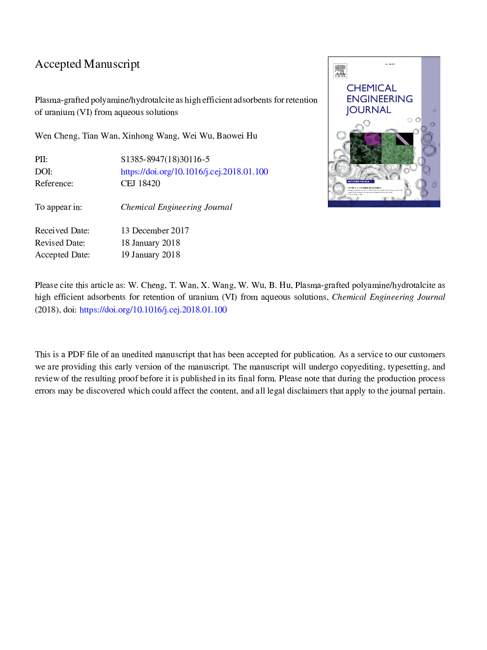 Plasma-grafted polyamine/hydrotalcite as high efficient adsorbents for retention of uranium (VI) from aqueous solutions