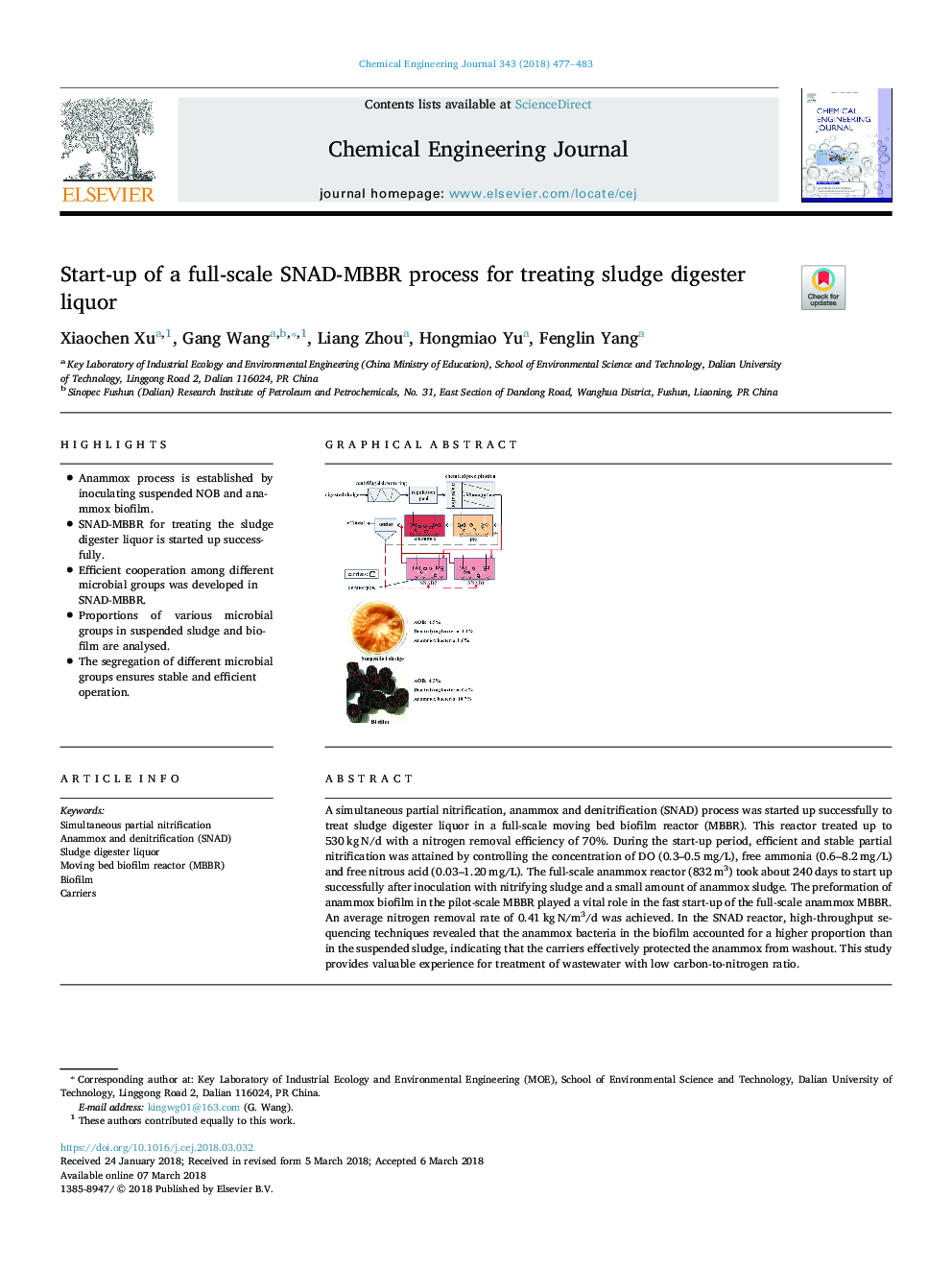 Start-up of a full-scale SNAD-MBBR process for treating sludge digester liquor