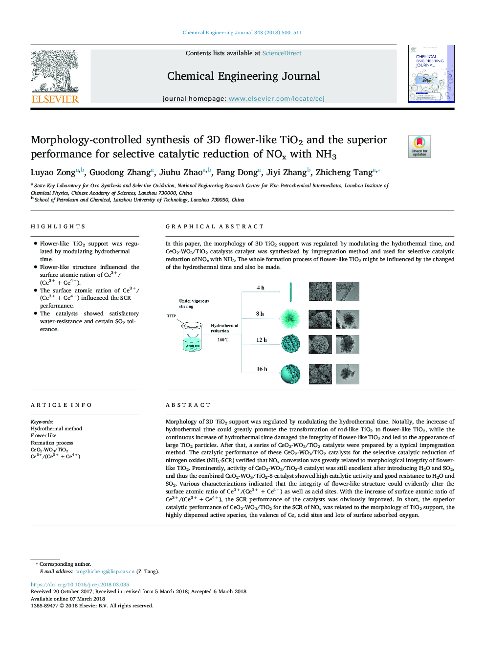 Morphology-controlled synthesis of 3D flower-like TiO2 and the superior performance for selective catalytic reduction of NOx with NH3