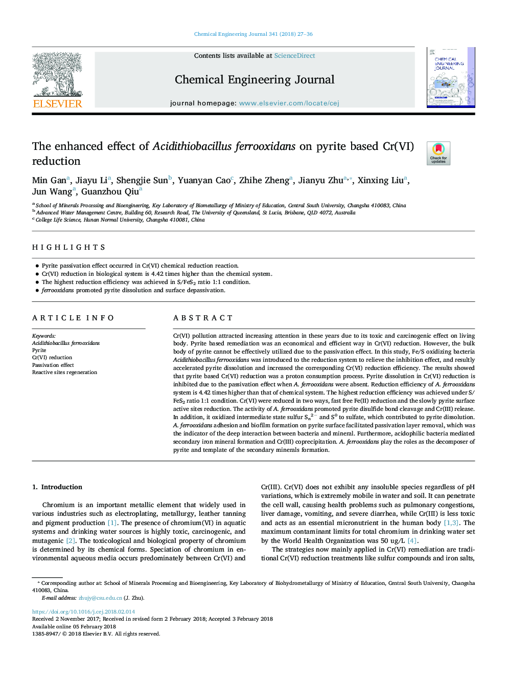 The enhanced effect of Acidithiobacillus ferrooxidans on pyrite based Cr(VI) reduction