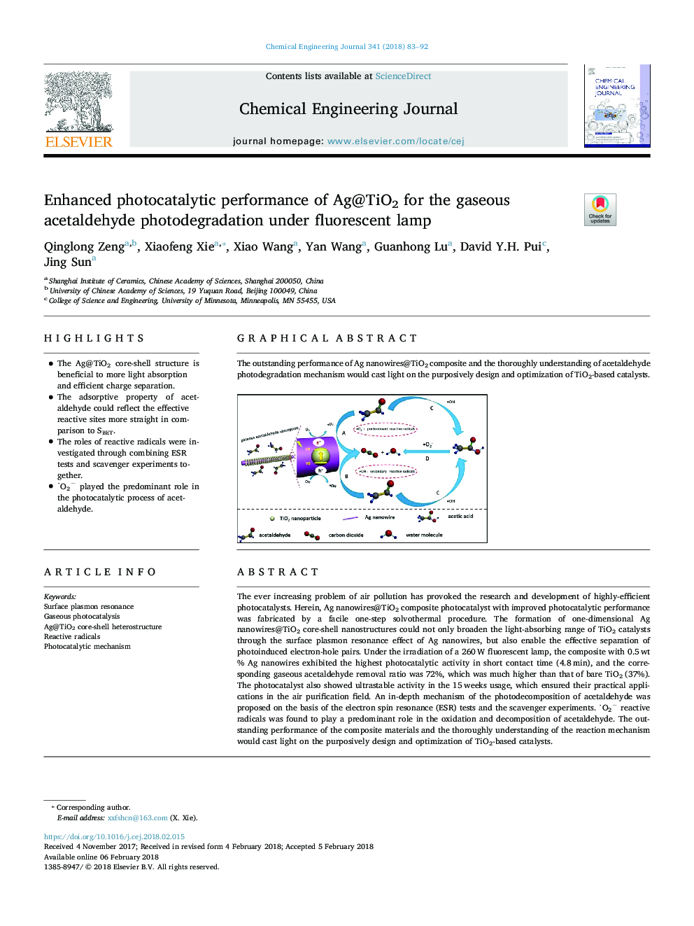 Enhanced photocatalytic performance of Ag@TiO2 for the gaseous acetaldehyde photodegradation under fluorescent lamp