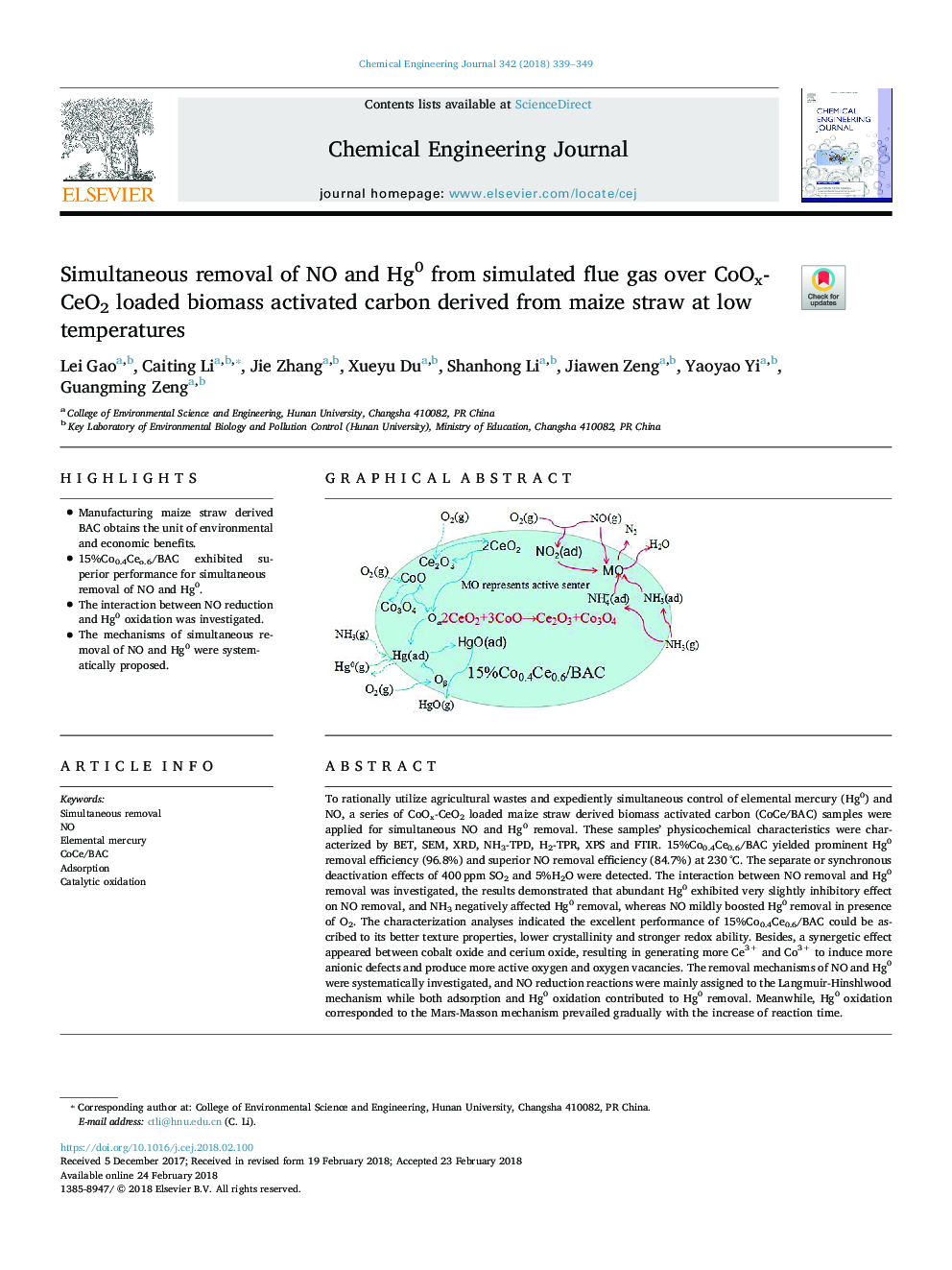 Simultaneous removal of NO and Hg0 from simulated flue gas over CoOx-CeO2 loaded biomass activated carbon derived from maize straw at low temperatures