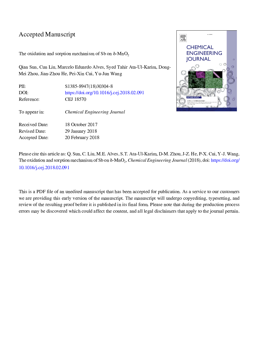 The oxidation and sorption mechanism of Sb on Î´-MnO2