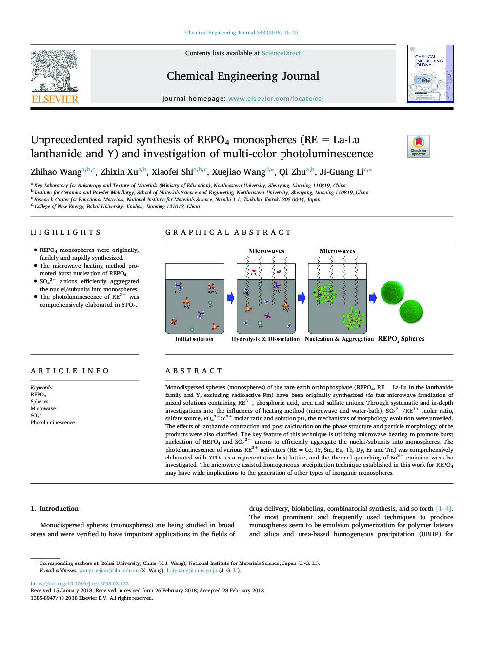 Unprecedented rapid synthesis of REPO4 monospheres (REâ¯=â¯La-Lu lanthanide and Y) and investigation of multi-color photoluminescence