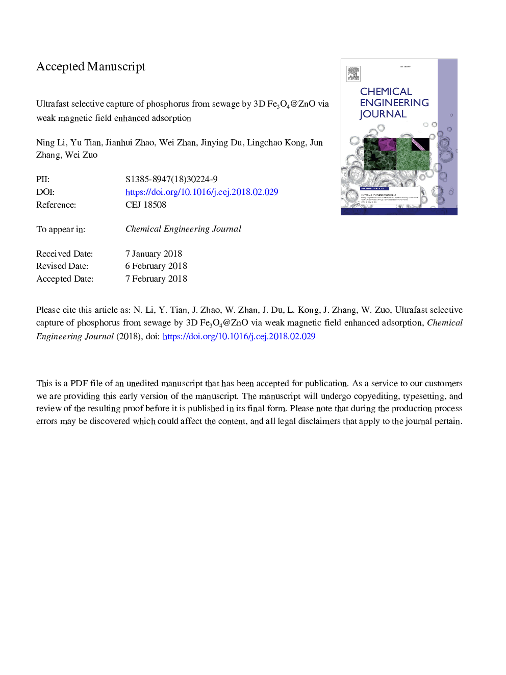 Ultrafast selective capture of phosphorus from sewage by 3D Fe3O4@ZnO via weak magnetic field enhanced adsorption