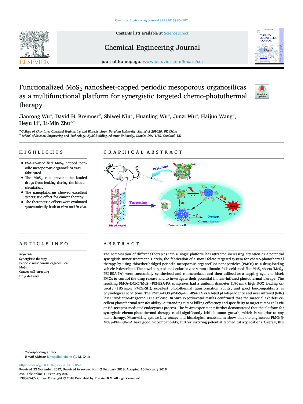 Functionalized MoS2 nanosheet-capped periodic mesoporous organosilicas as a multifunctional platform for synergistic targeted chemo-photothermal therapy