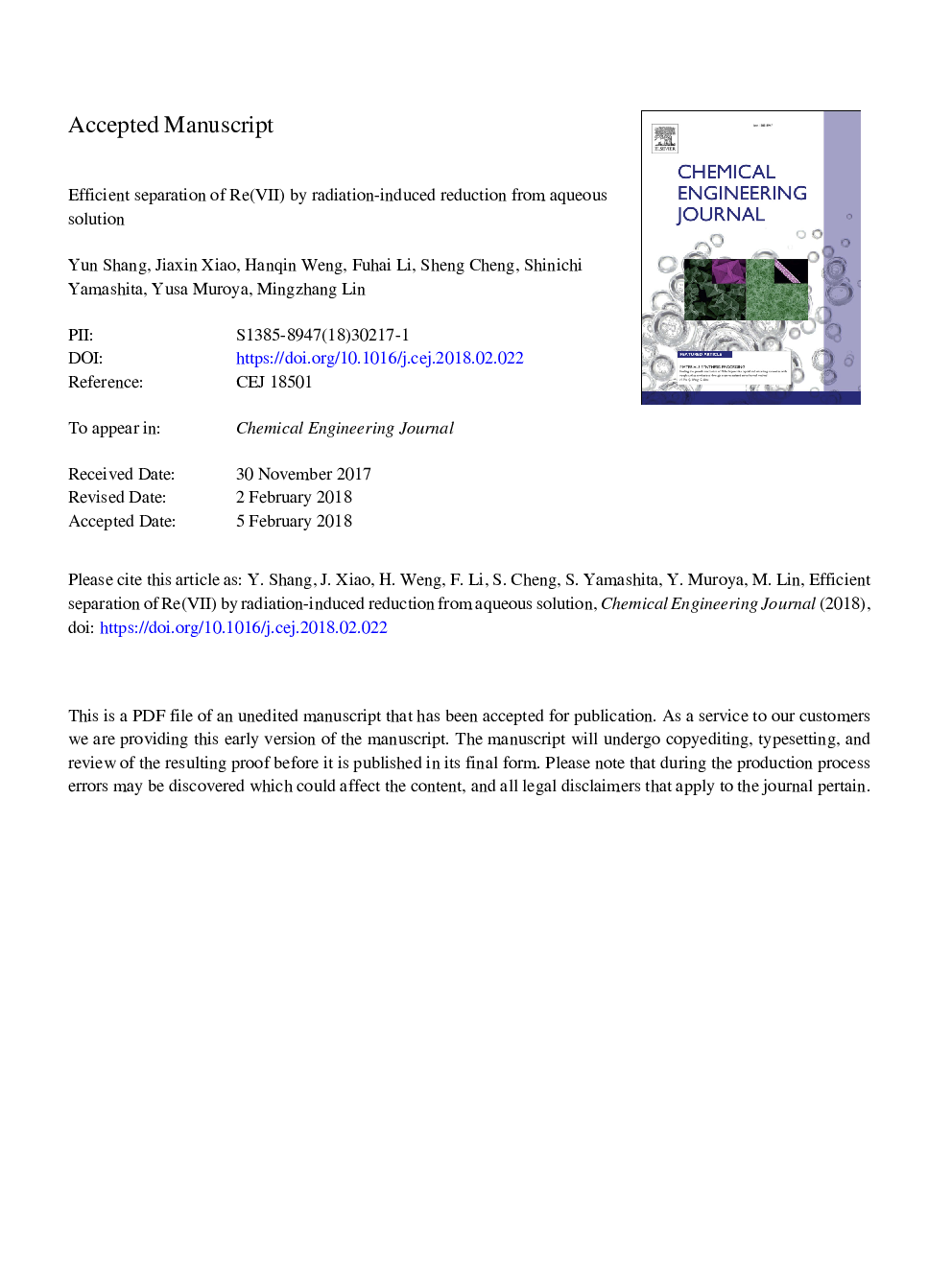 Efficient separation of Re(VII) by radiation-induced reduction from aqueous solution