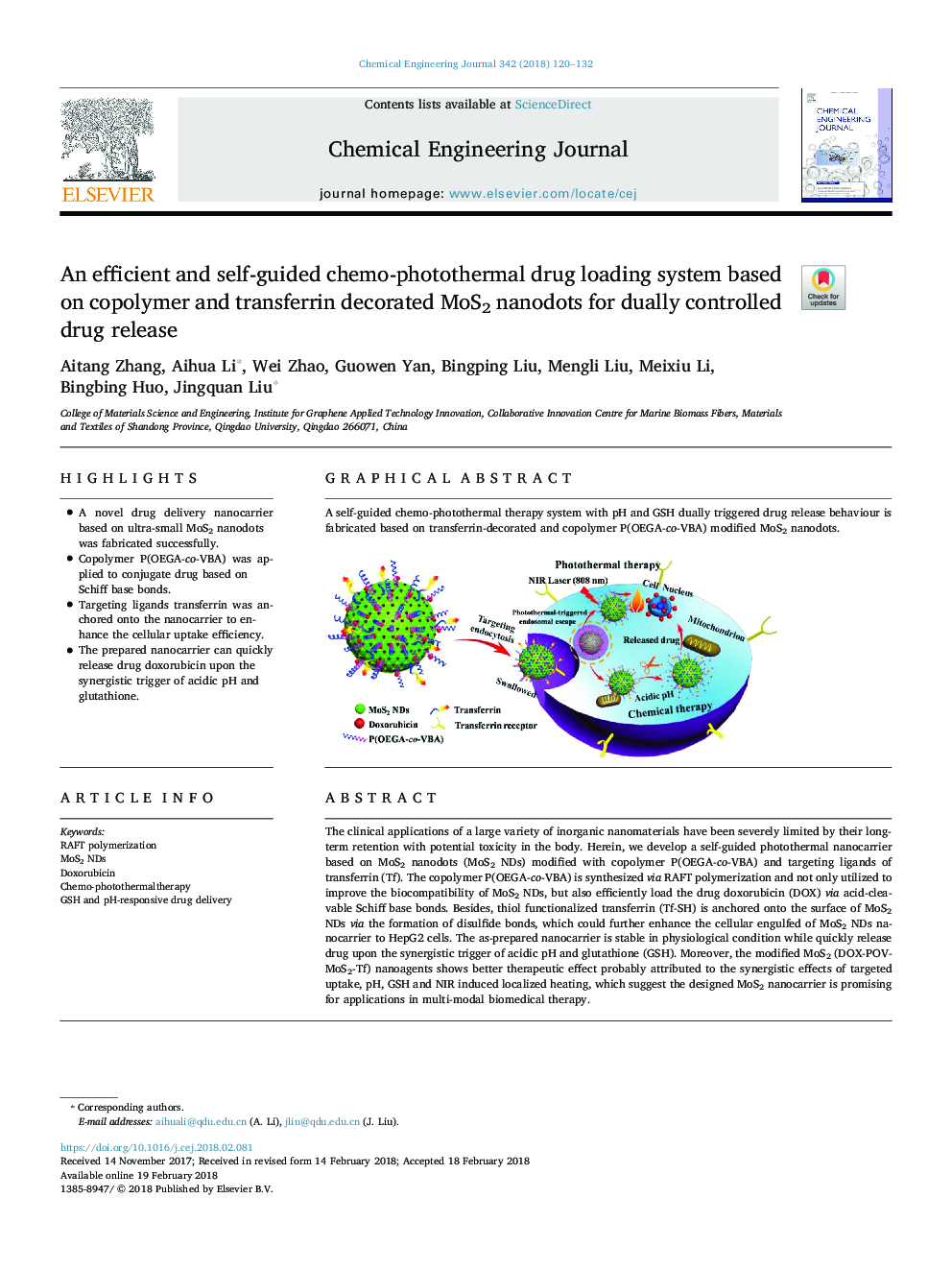 An efficient and self-guided chemo-photothermal drug loading system based on copolymer and transferrin decorated MoS2 nanodots for dually controlled drug release