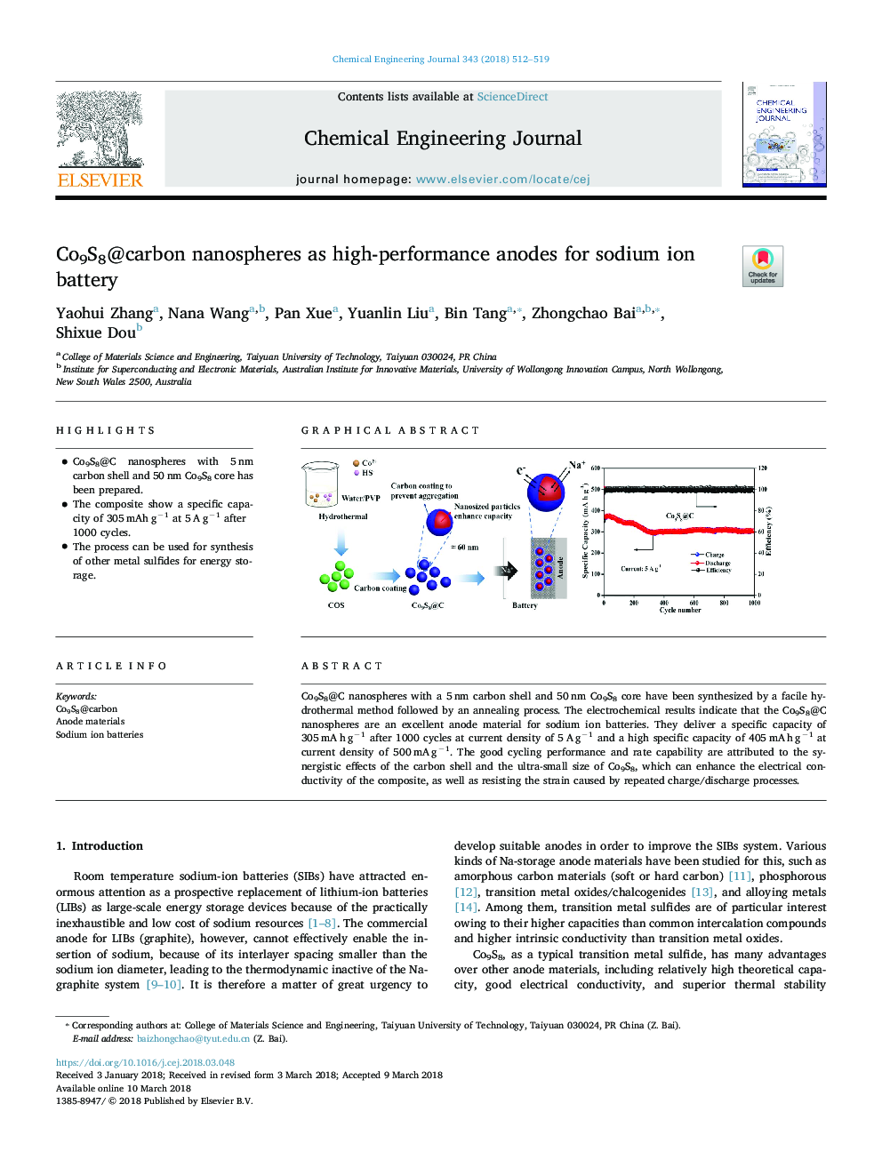 Co9S8@carbon nanospheres as high-performance anodes for sodium ion battery