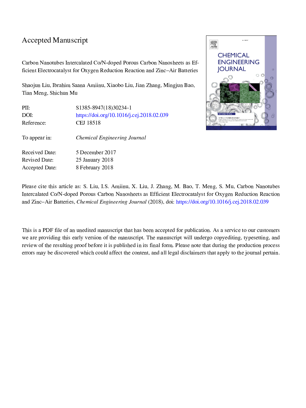 Carbon nanotubes intercalated Co/N-doped porous carbon nanosheets as efficient electrocatalyst for oxygen reduction reaction and zinc-air batteries