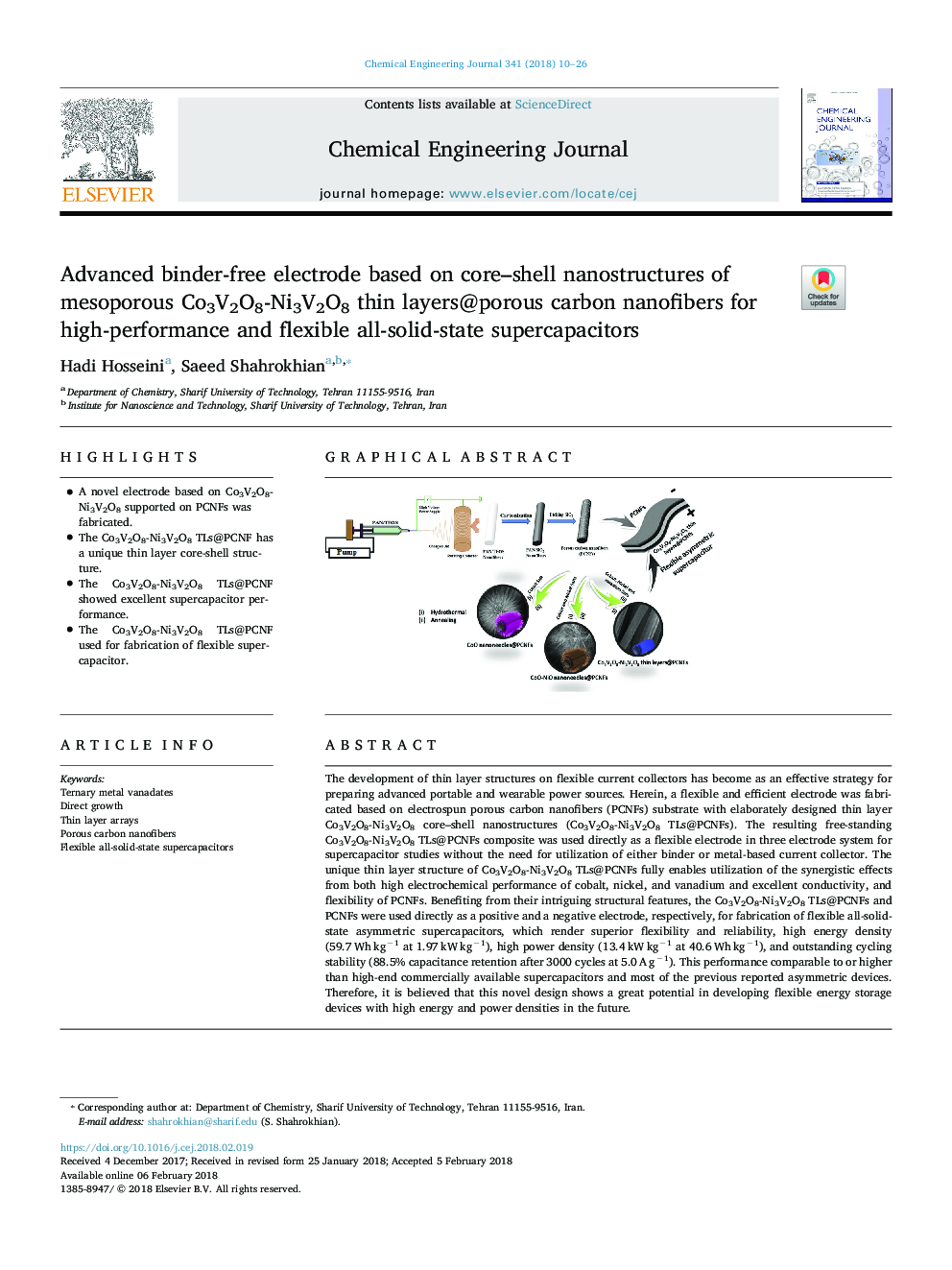 عکس صفحه اول مقاله: Advanced binder-free electrode based on core-shell nanostructures of mesoporous Co3V2O8-Ni3V2O8 thin layers@porous carbon nanofibers for high-performance and flexible all-solid-state supercapacitors Advanced binder-free electrode based on core-shell nanostructures of mesoporous Co3V2O8-Ni3V2O8 thin layers@porous carbon nanofibers for high-performance and flexible all-solid-state supercapacitors