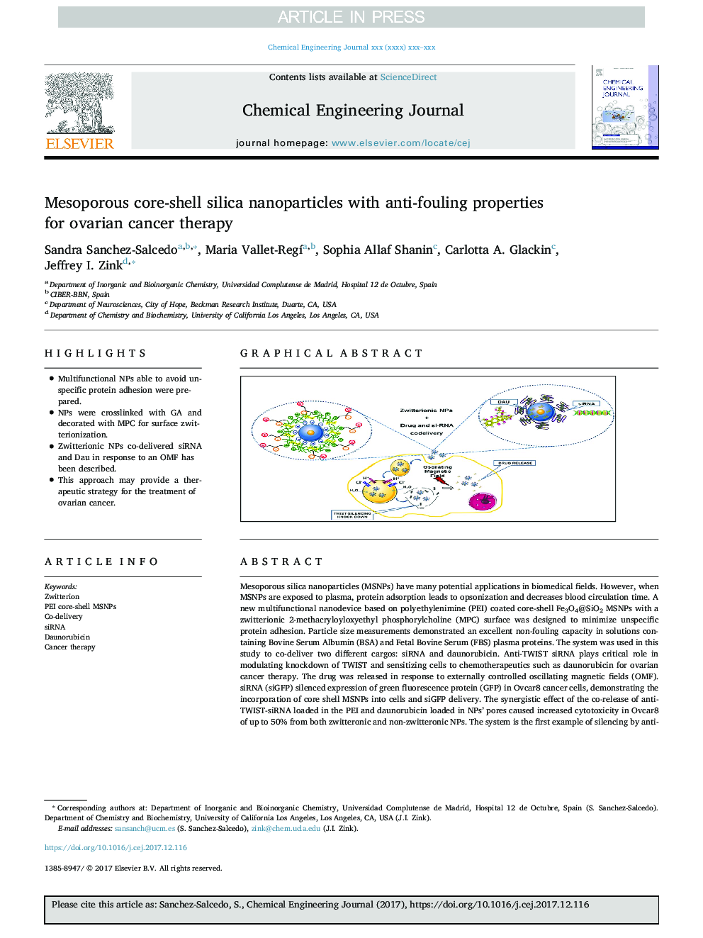 Mesoporous core-shell silica nanoparticles with anti-fouling properties for ovarian cancer therapy