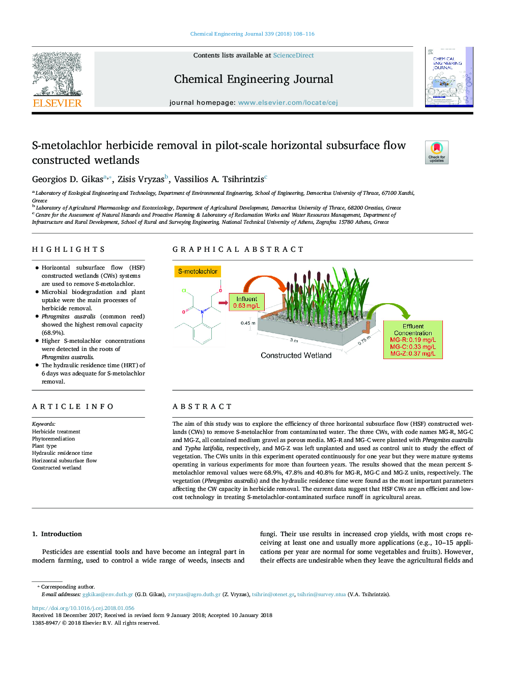 S-metolachlor herbicide removal in pilot-scale horizontal subsurface flow constructed wetlands