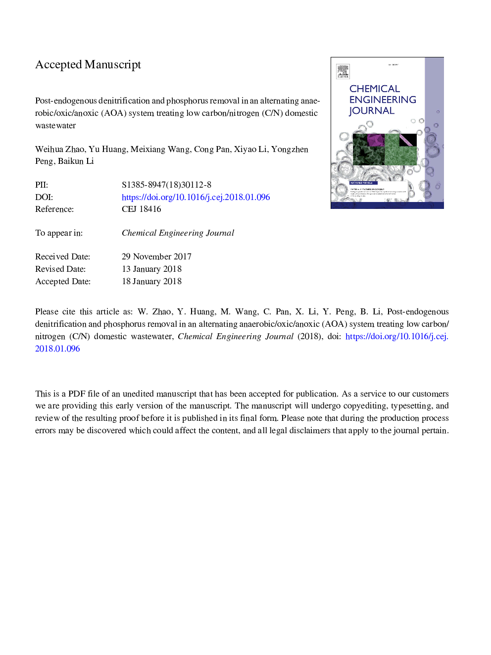 Post-endogenous denitrification and phosphorus removal in an alternating anaerobic/oxic/anoxic (AOA) system treating low carbon/nitrogen (C/N) domestic wastewater