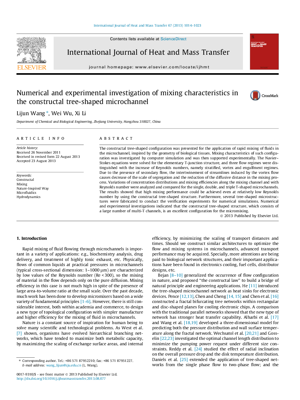 Numerical and experimental investigation of mixing characteristics in the constructal tree-shaped microchannel