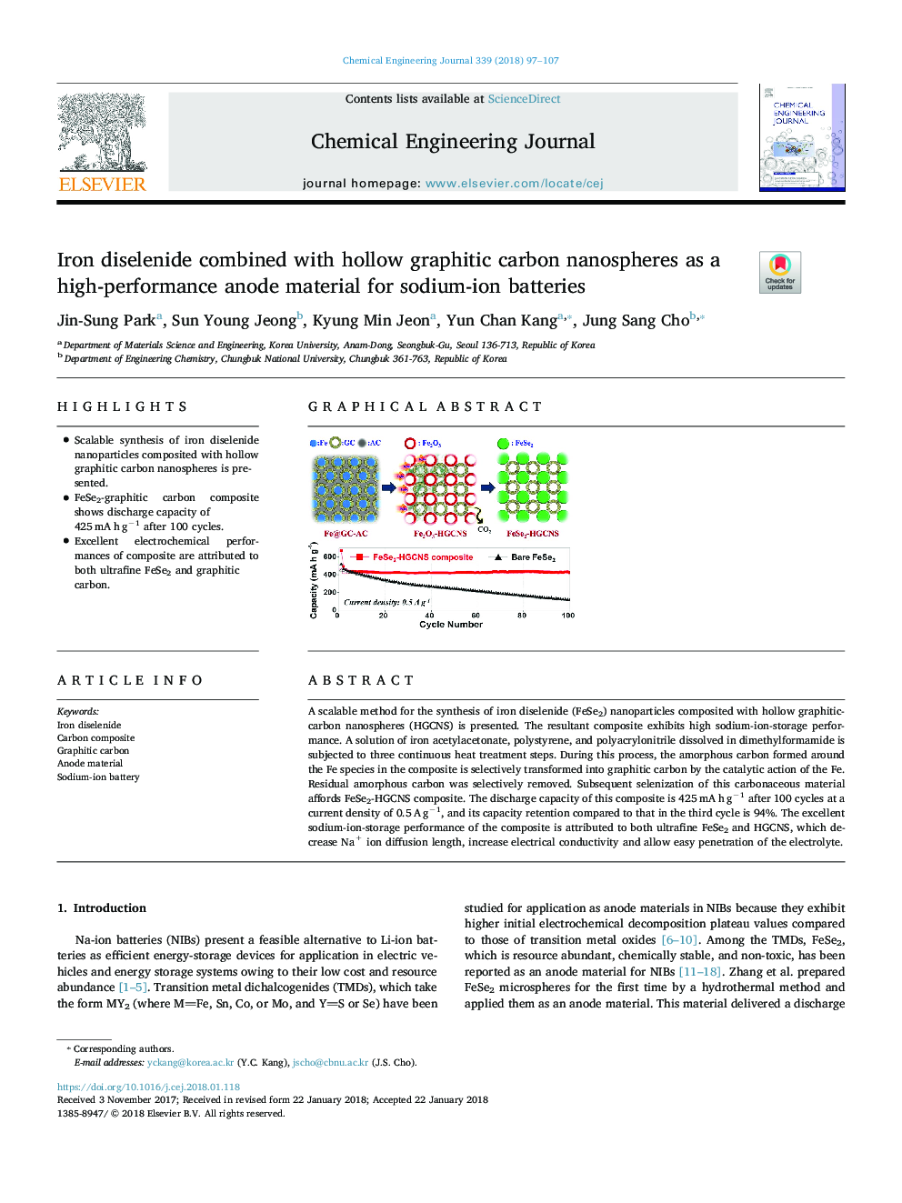 Iron diselenide combined with hollow graphitic carbon nanospheres as a high-performance anode material for sodium-ion batteries