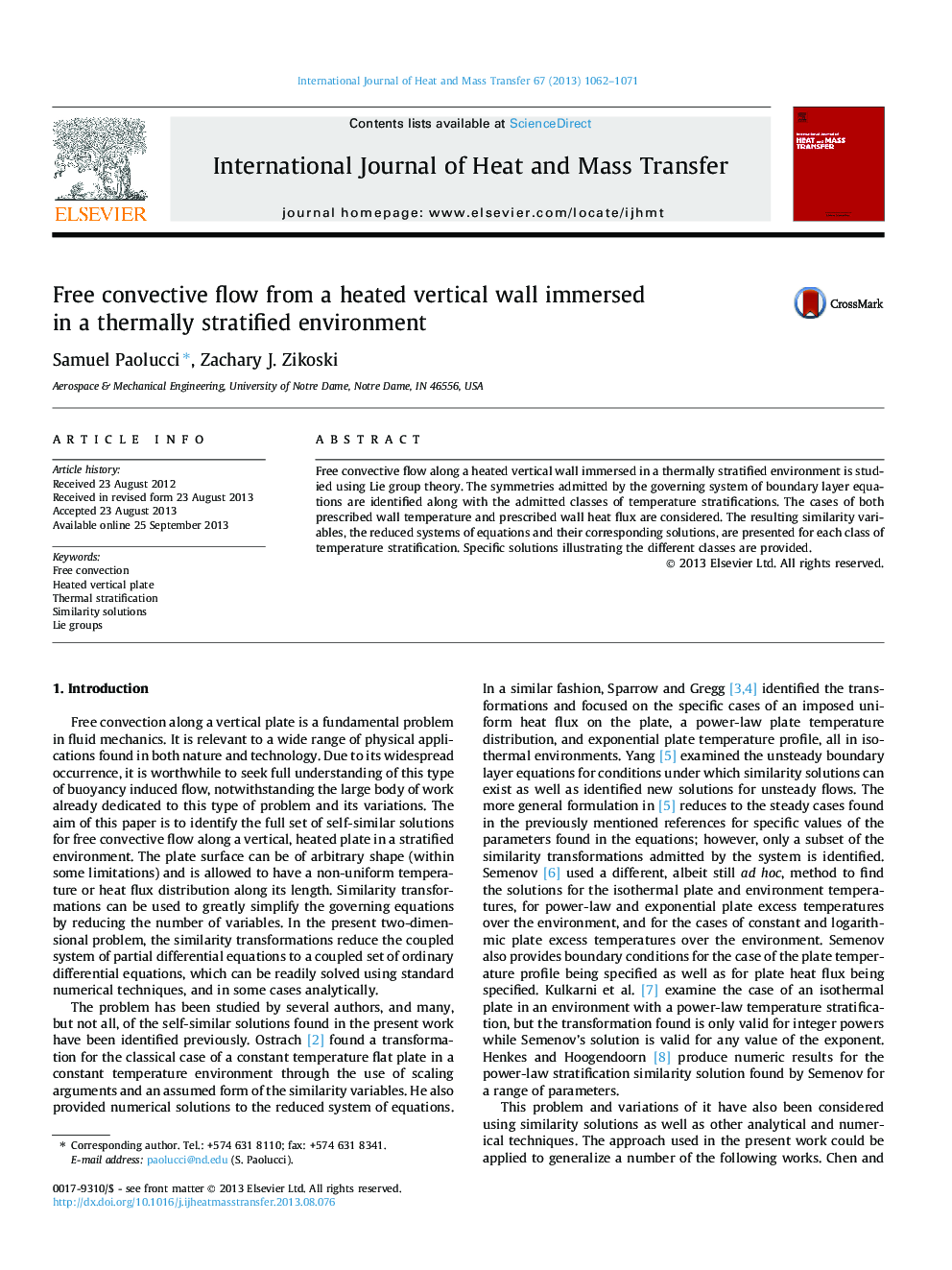 Free convective flow from a heated vertical wall immersed in a thermally stratified environment