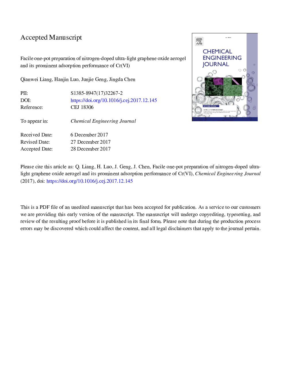 Facile one-pot preparation of nitrogen-doped ultra-light graphene oxide aerogel and its prominent adsorption performance of Cr(VI)