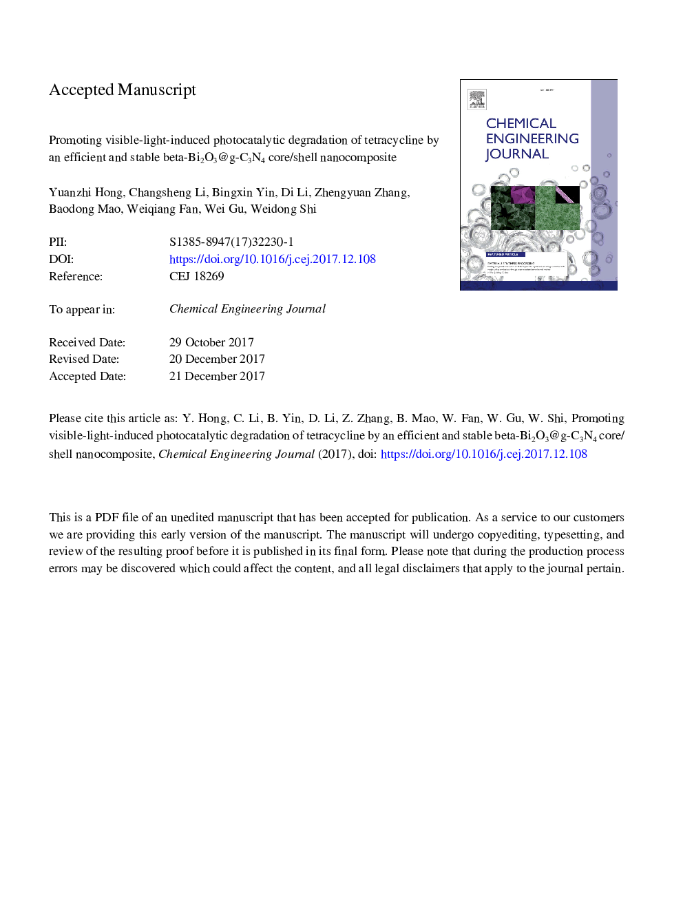 Promoting visible-light-induced photocatalytic degradation of tetracycline by an efficient and stable beta-Bi2O3@g-C3N4 core/shell nanocomposite