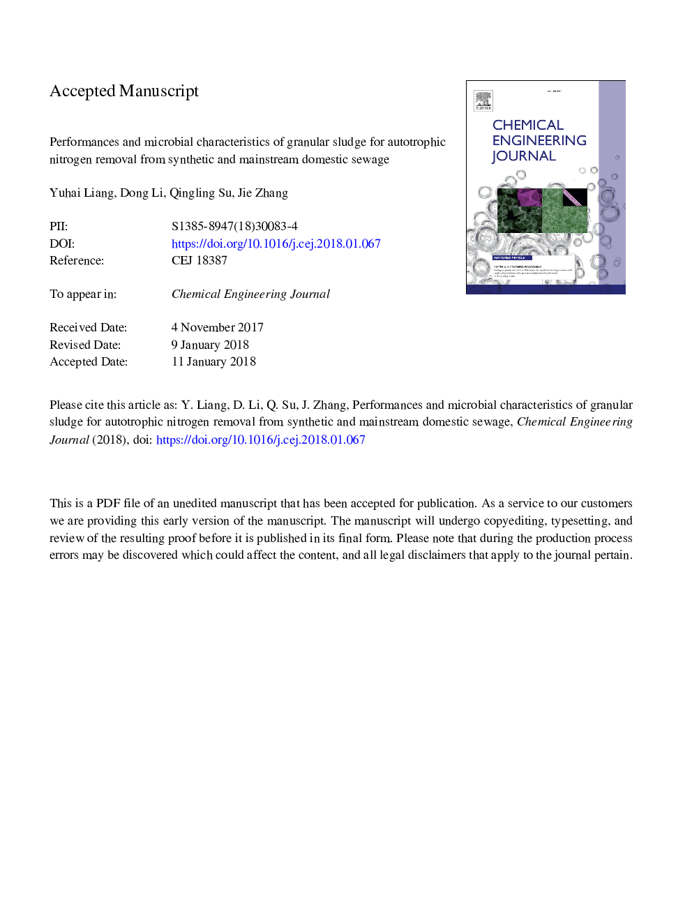 Performances and microbial characteristics of granular sludge for autotrophic nitrogen removal from synthetic and mainstream domestic sewage