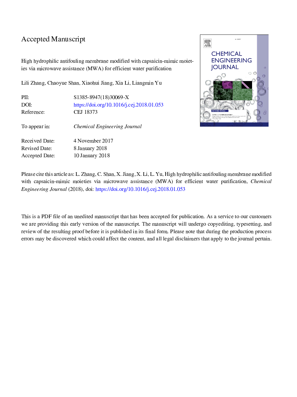 High hydrophilic antifouling membrane modified with capsaicin-mimic moieties via microwave assistance (MWA) for efficient water purification