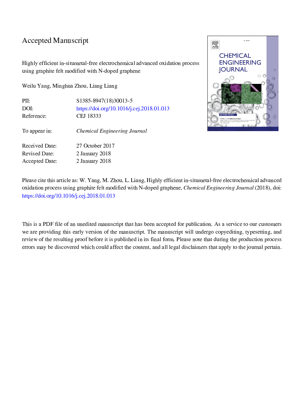 Highly efficient in-situ metal-free electrochemical advanced oxidation process using graphite felt modified with N-doped graphene